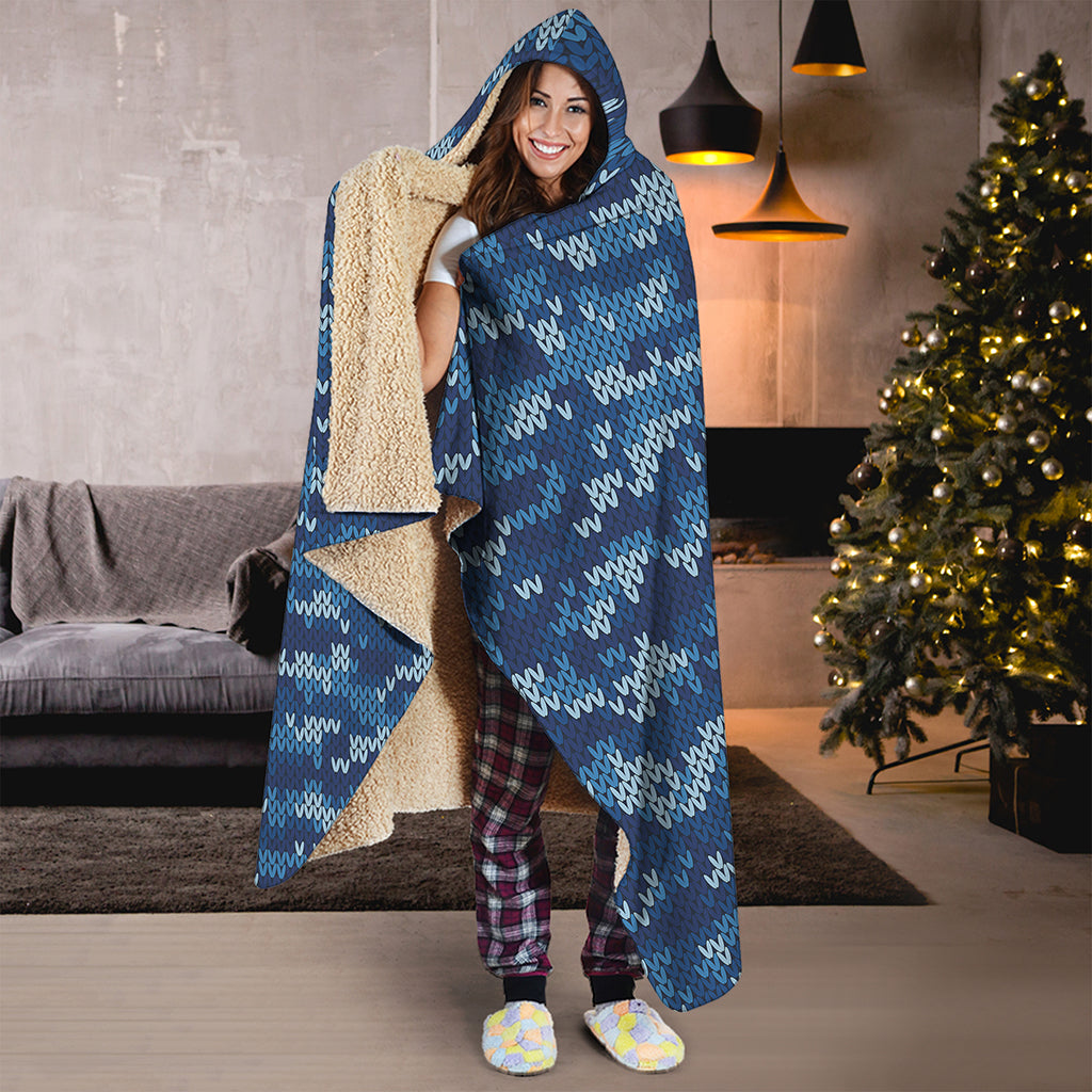 Blue Camouflage Knitted Pattern Print Hooded Blanket