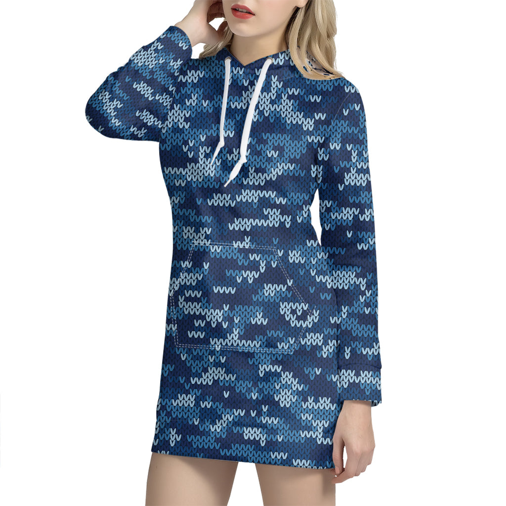 Blue Camouflage Knitted Pattern Print Hoodie Dress