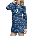 Blue Camouflage Knitted Pattern Print Hoodie Dress