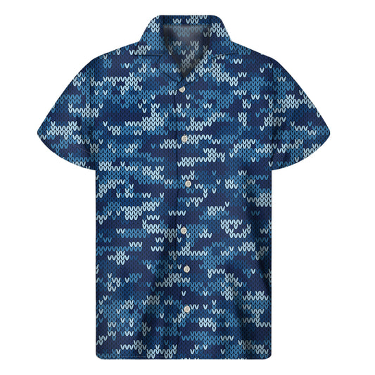 Blue Camouflage Knitted Pattern Print Men's Short Sleeve Shirt