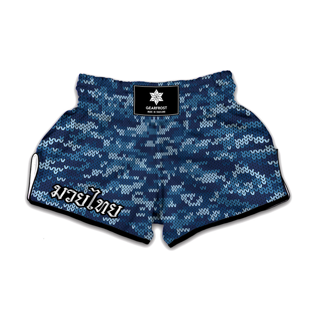 Blue Camouflage Knitted Pattern Print Muay Thai Boxing Shorts