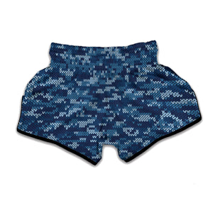 Blue Camouflage Knitted Pattern Print Muay Thai Boxing Shorts