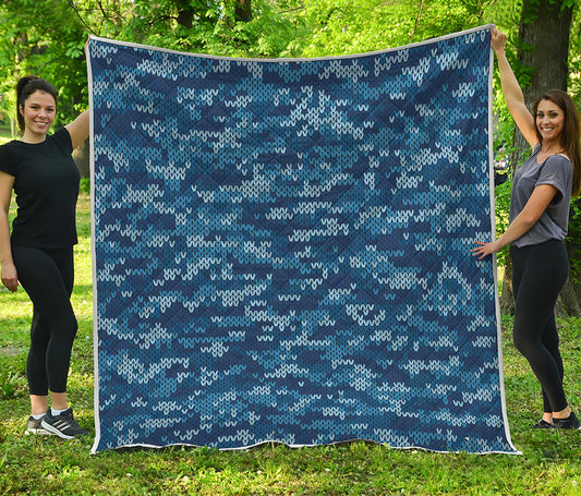 Blue Camouflage Knitted Pattern Print Quilt