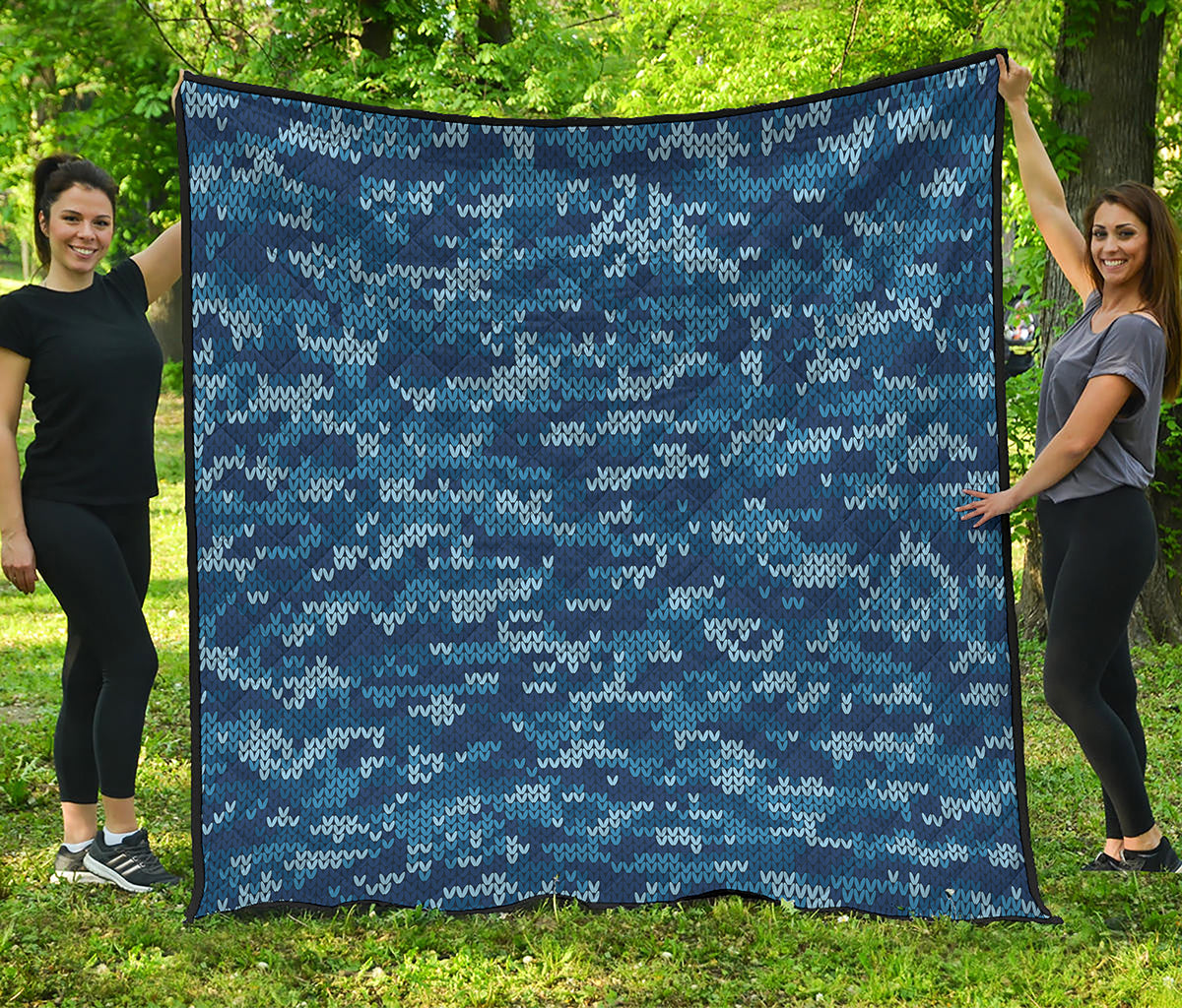 Blue Camouflage Knitted Pattern Print Quilt