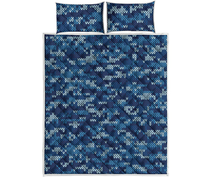 Blue Camouflage Knitted Pattern Print Quilt Bed Set