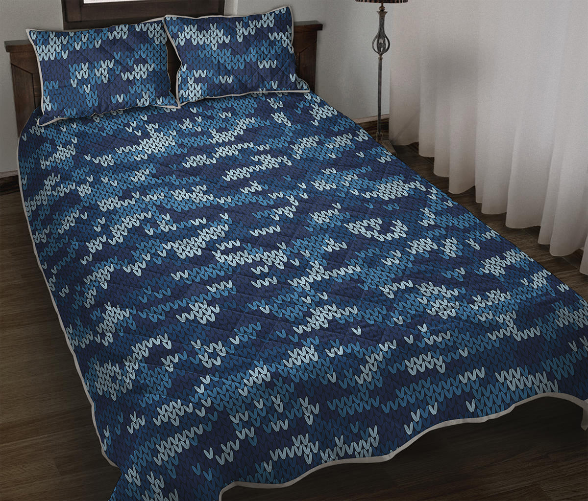 Blue Camouflage Knitted Pattern Print Quilt Bed Set