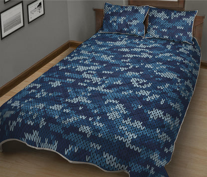 Blue Camouflage Knitted Pattern Print Quilt Bed Set