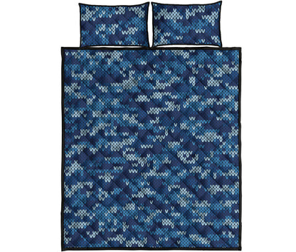 Blue Camouflage Knitted Pattern Print Quilt Bed Set