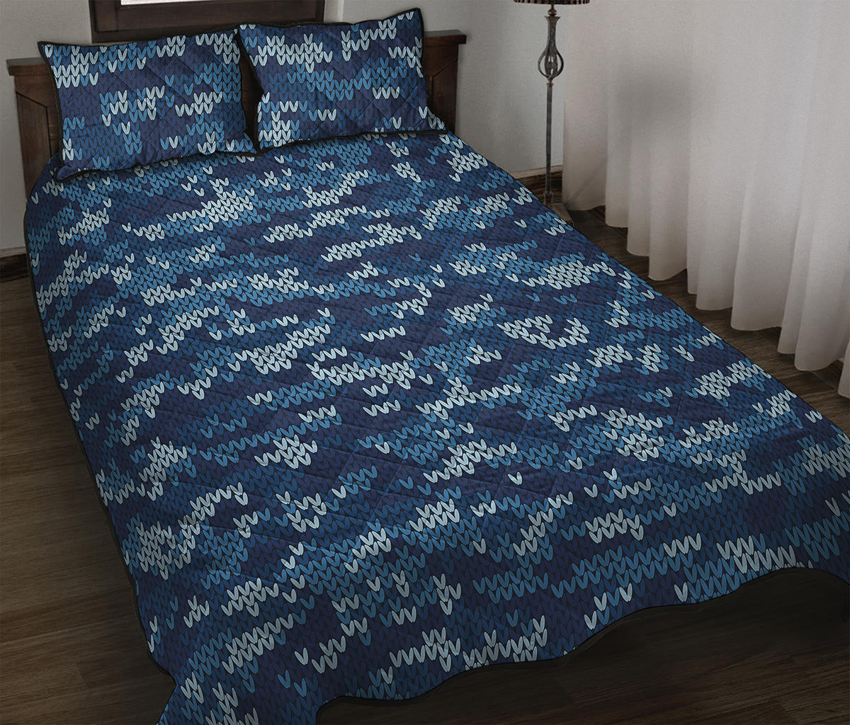 Blue Camouflage Knitted Pattern Print Quilt Bed Set