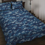 Blue Camouflage Knitted Pattern Print Quilt Bed Set