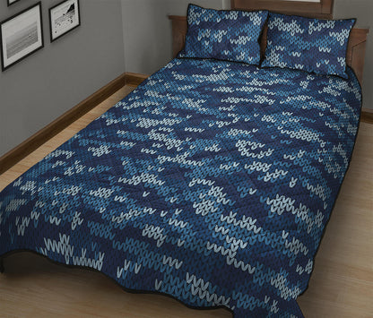 Blue Camouflage Knitted Pattern Print Quilt Bed Set