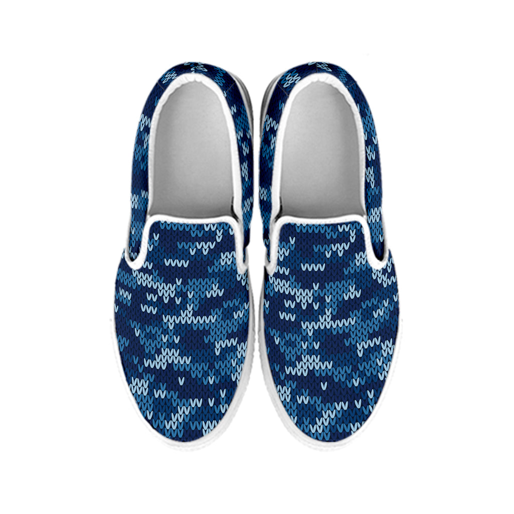 Blue Camouflage Knitted Pattern Print White Slip On Shoes