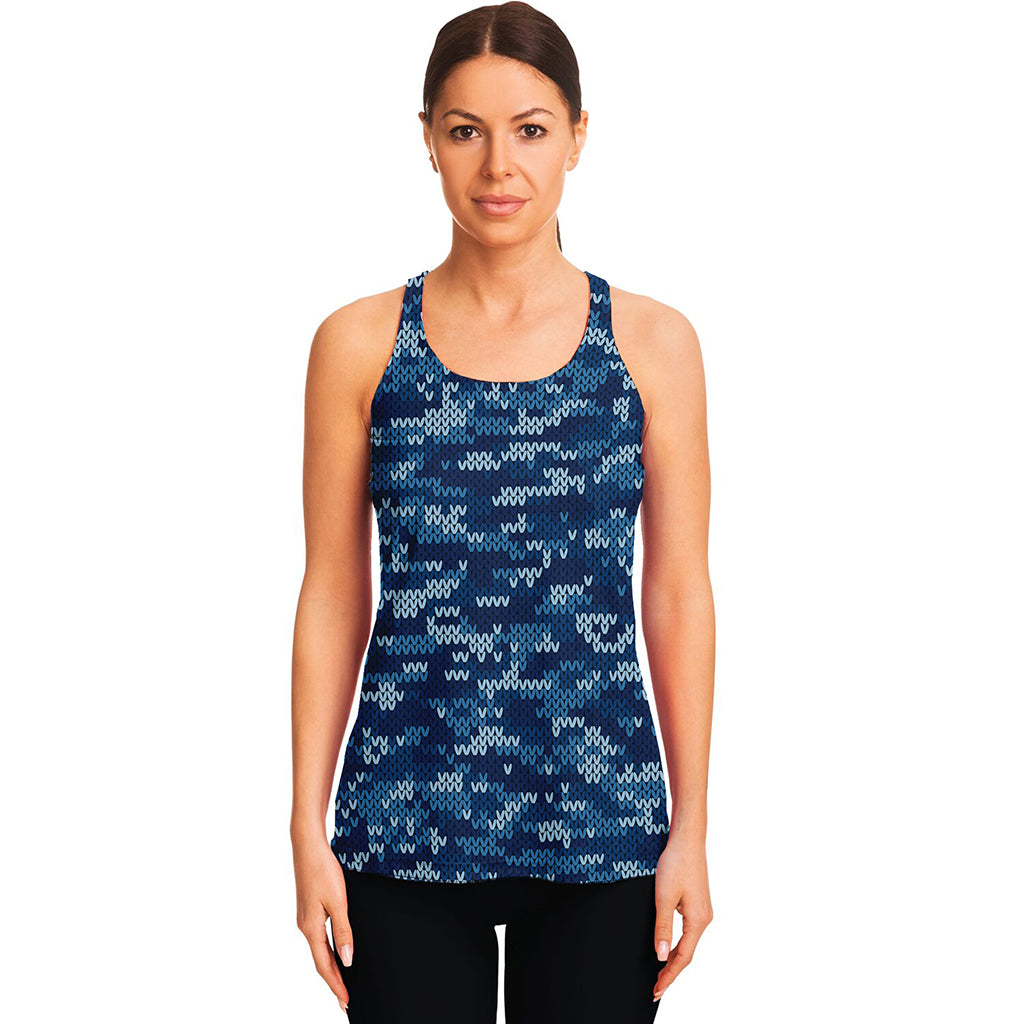 Blue Camouflage Knitted Pattern Print Women's Racerback Tank Top