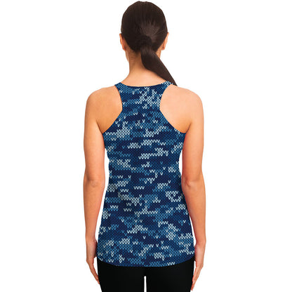 Blue Camouflage Knitted Pattern Print Women's Racerback Tank Top