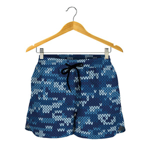 Blue Camouflage Knitted Pattern Print Women's Shorts