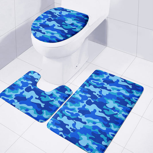 Blue Camouflage Print 3 Piece Bath Mat Set
