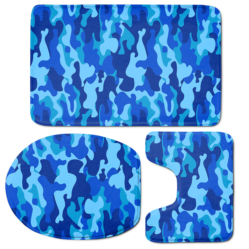 Blue Camouflage Print 3 Piece Bath Mat Set