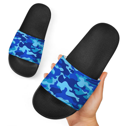 Blue Camouflage Print Black Slide Sandals