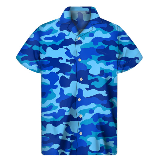 Blue Camouflage Print Men's Short Sleeve Shirt
