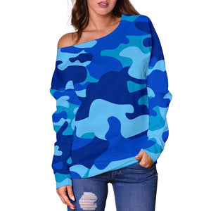 Blue Camouflage Print Off Shoulder Sweatshirt GearFrost