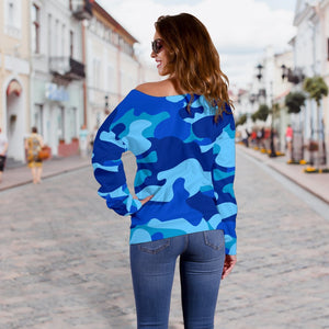 Blue Camouflage Print Off Shoulder Sweatshirt GearFrost