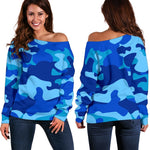 Blue Camouflage Print Off Shoulder Sweatshirt GearFrost