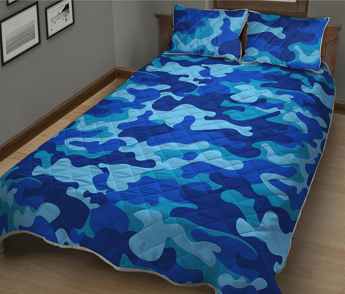Blue Camouflage Print Quilt Bed Set