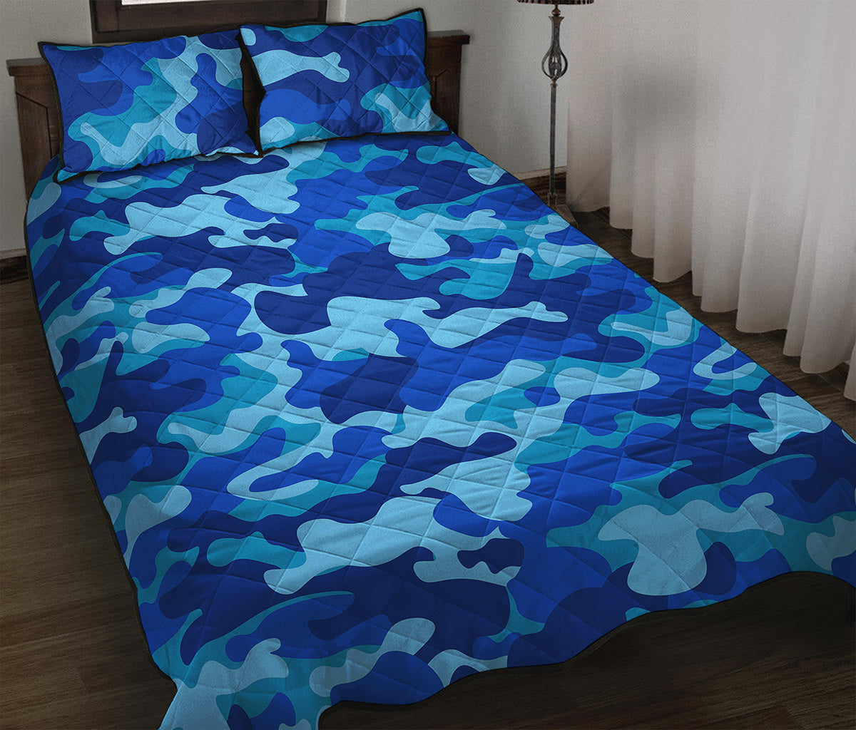 Blue Camouflage Print Quilt Bed Set