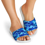 Blue Camouflage Print White Slide Sandals