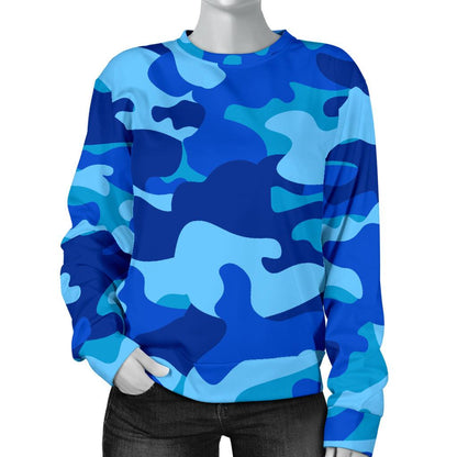 Blue Camouflage Print Women's Crewneck Sweatshirt GearFrost
