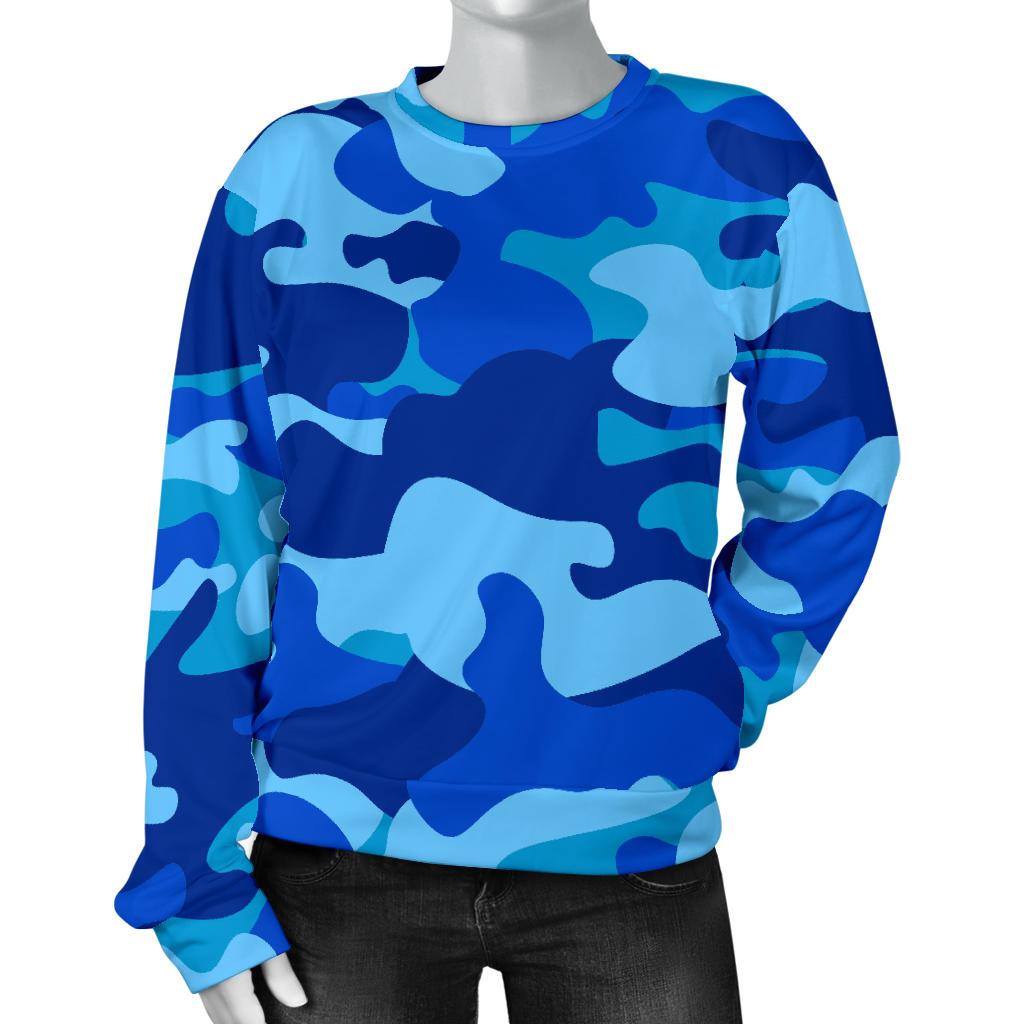 Blue Camouflage Print Women's Crewneck Sweatshirt GearFrost