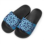 Blue Celtic Symbol Print Black Slide Sandals