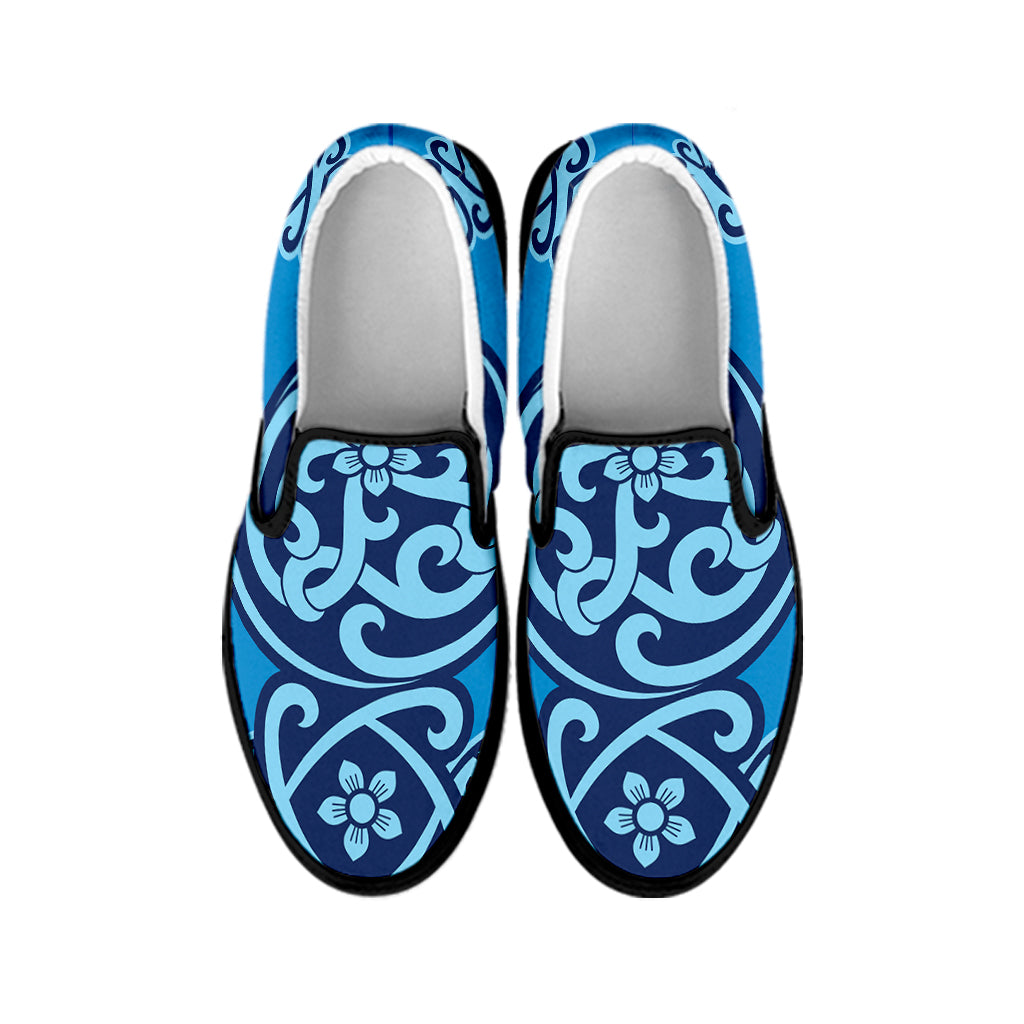 Blue Celtic Symbol Print Black Slip On Shoes