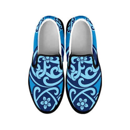 Blue Celtic Symbol Print Black Slip On Shoes
