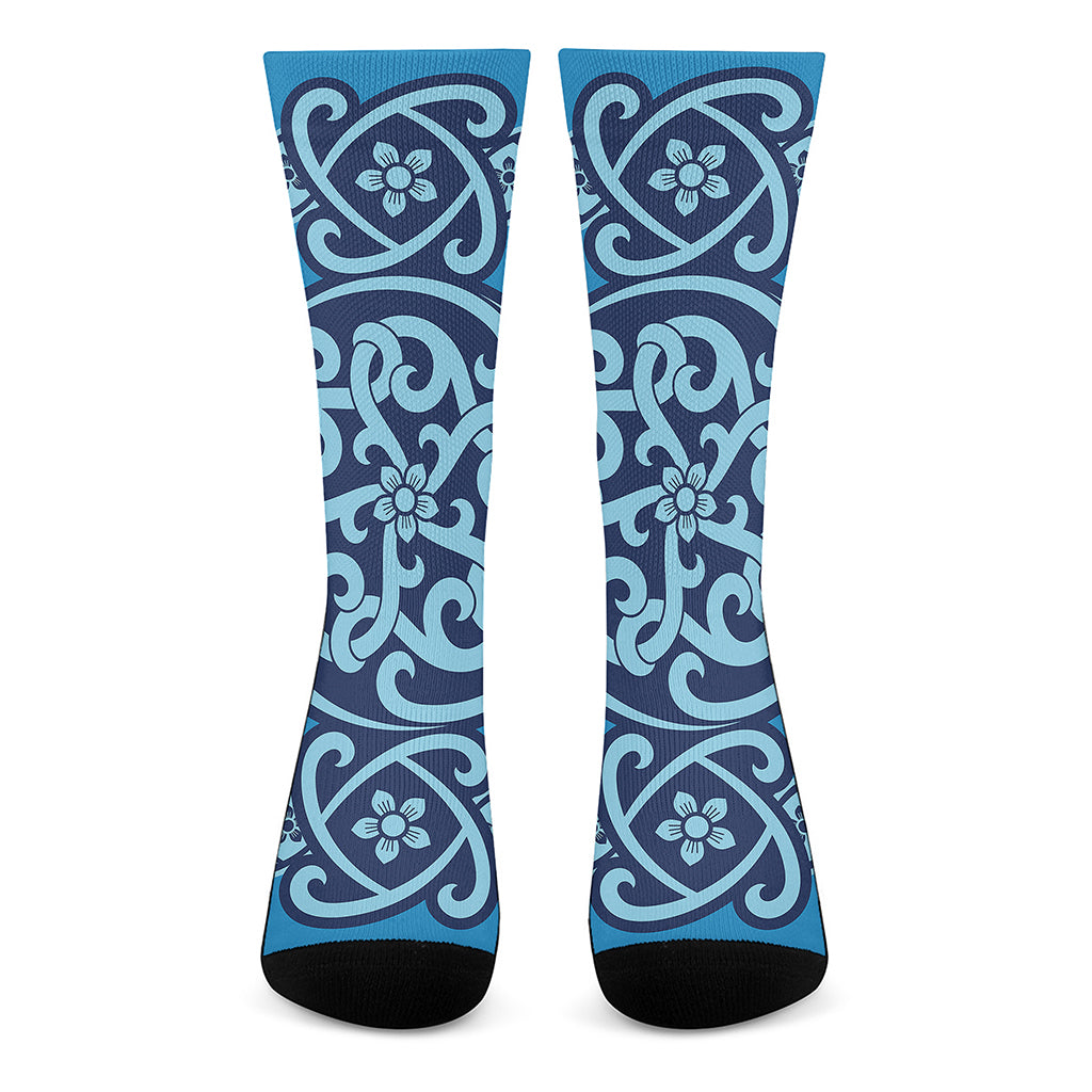 Blue Celtic Symbol Print Crew Socks