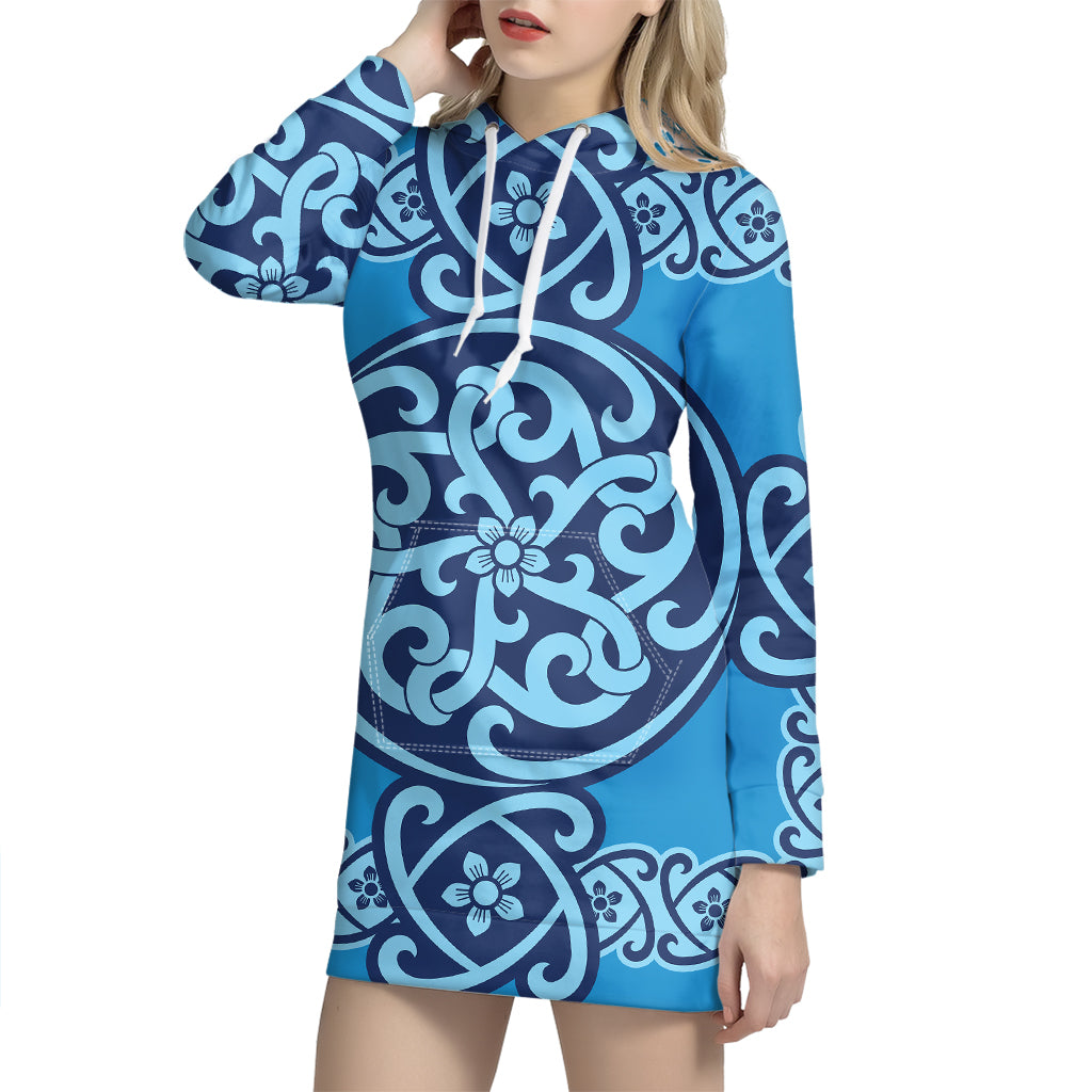 Blue Celtic Symbol Print Pullover Hoodie Dress