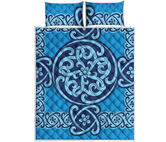 Blue Celtic Symbol Print Quilt Bed Set
