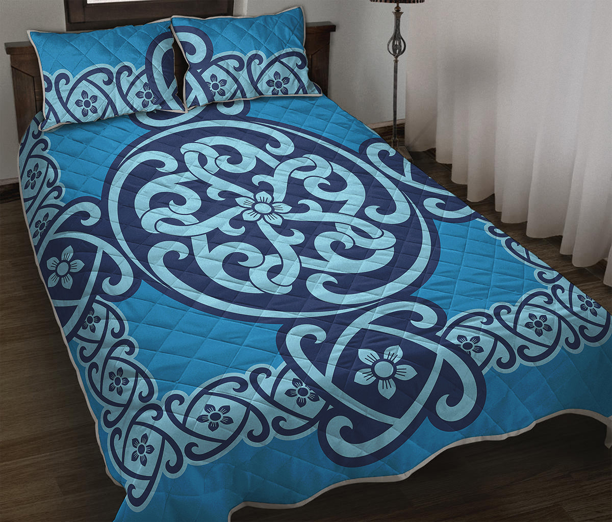 Blue Celtic Symbol Print Quilt Bed Set