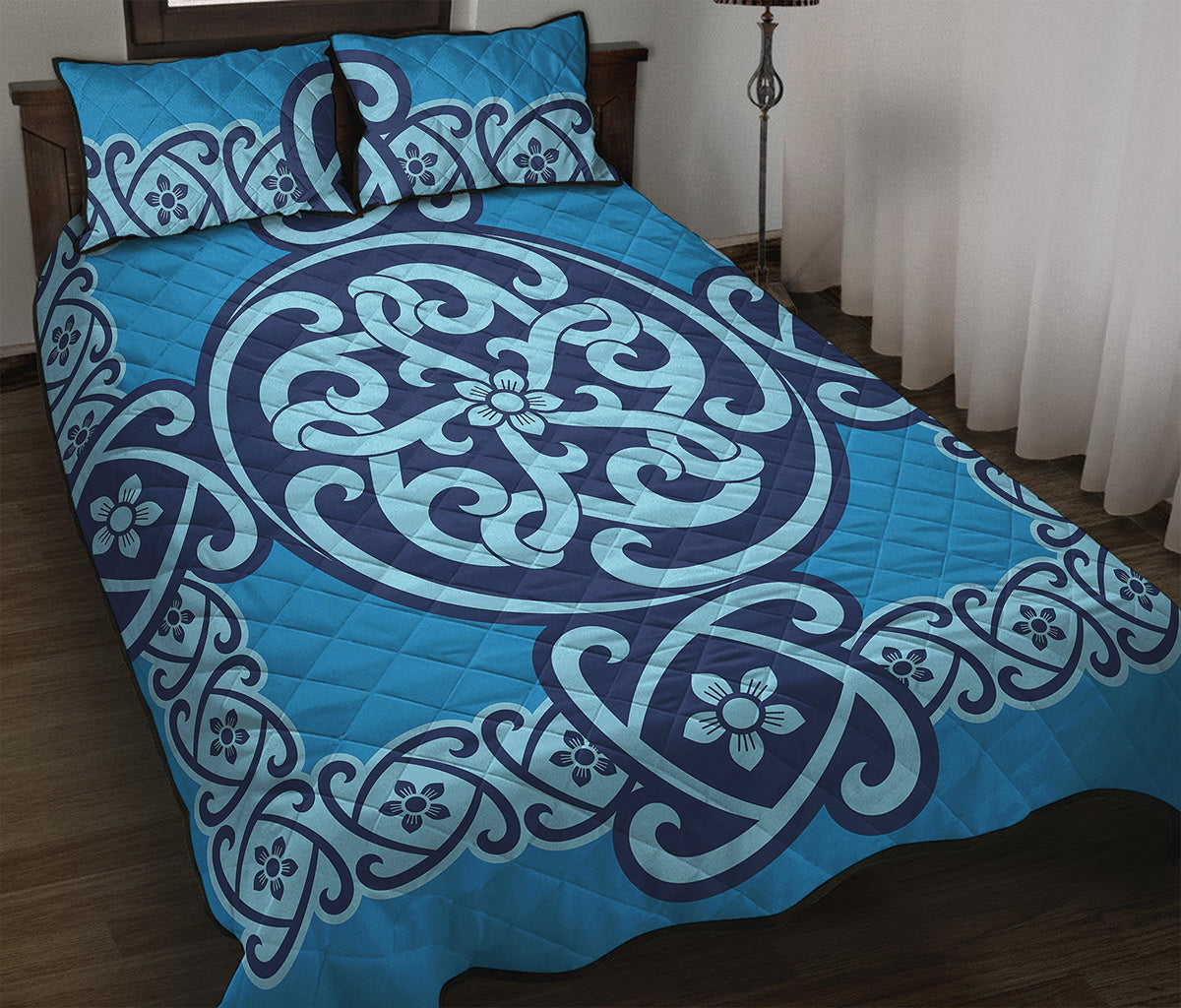 Blue Celtic Symbol Print Quilt Bed Set