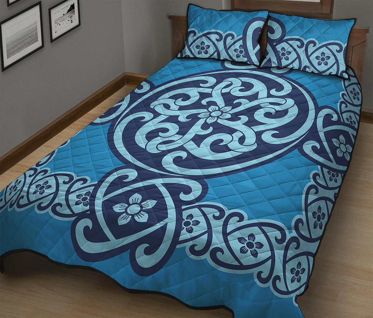 Blue Celtic Symbol Print Quilt Bed Set