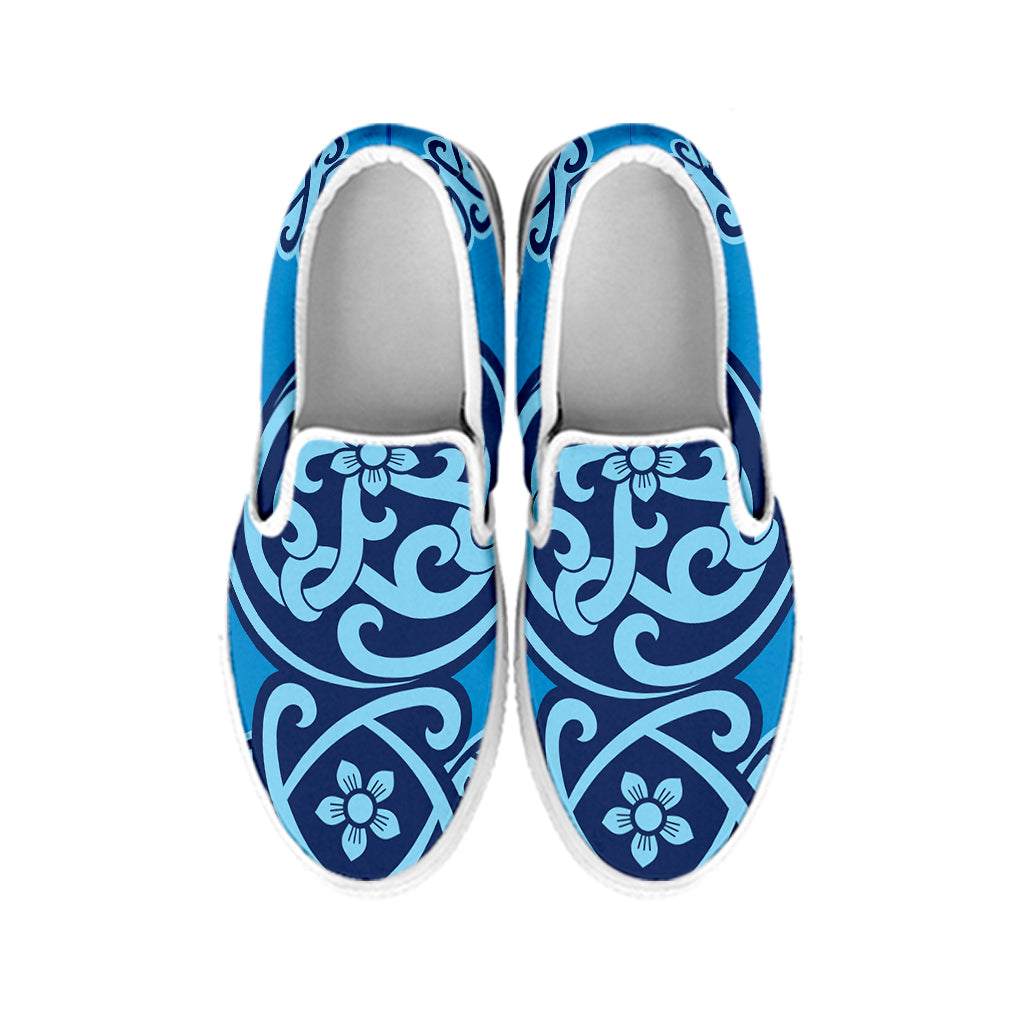 Blue Celtic Symbol Print White Slip On Shoes