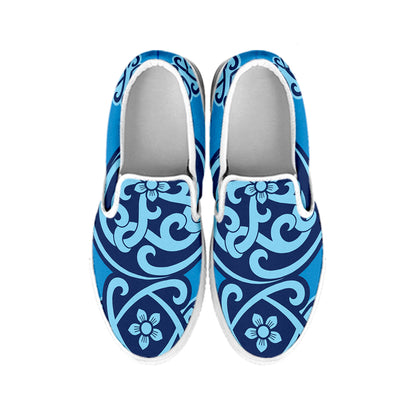 Blue Celtic Symbol Print White Slip On Shoes