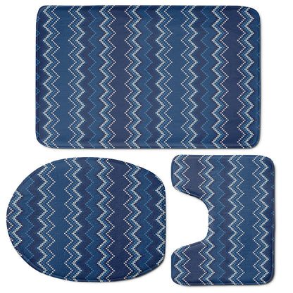 Blue Chevron Knitted Pattern Print 3 Piece Bath Mat Set