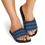 Blue Chevron Knitted Pattern Print Black Slide Sandals