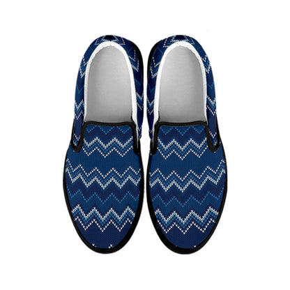 Blue Chevron Knitted Pattern Print Black Slip On Shoes