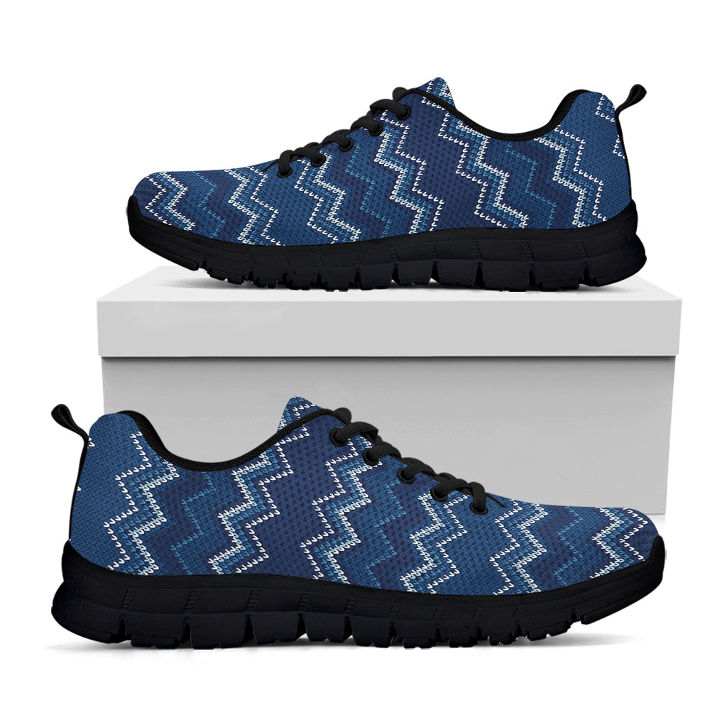 Blue Chevron Knitted Pattern Print Black Sneakers