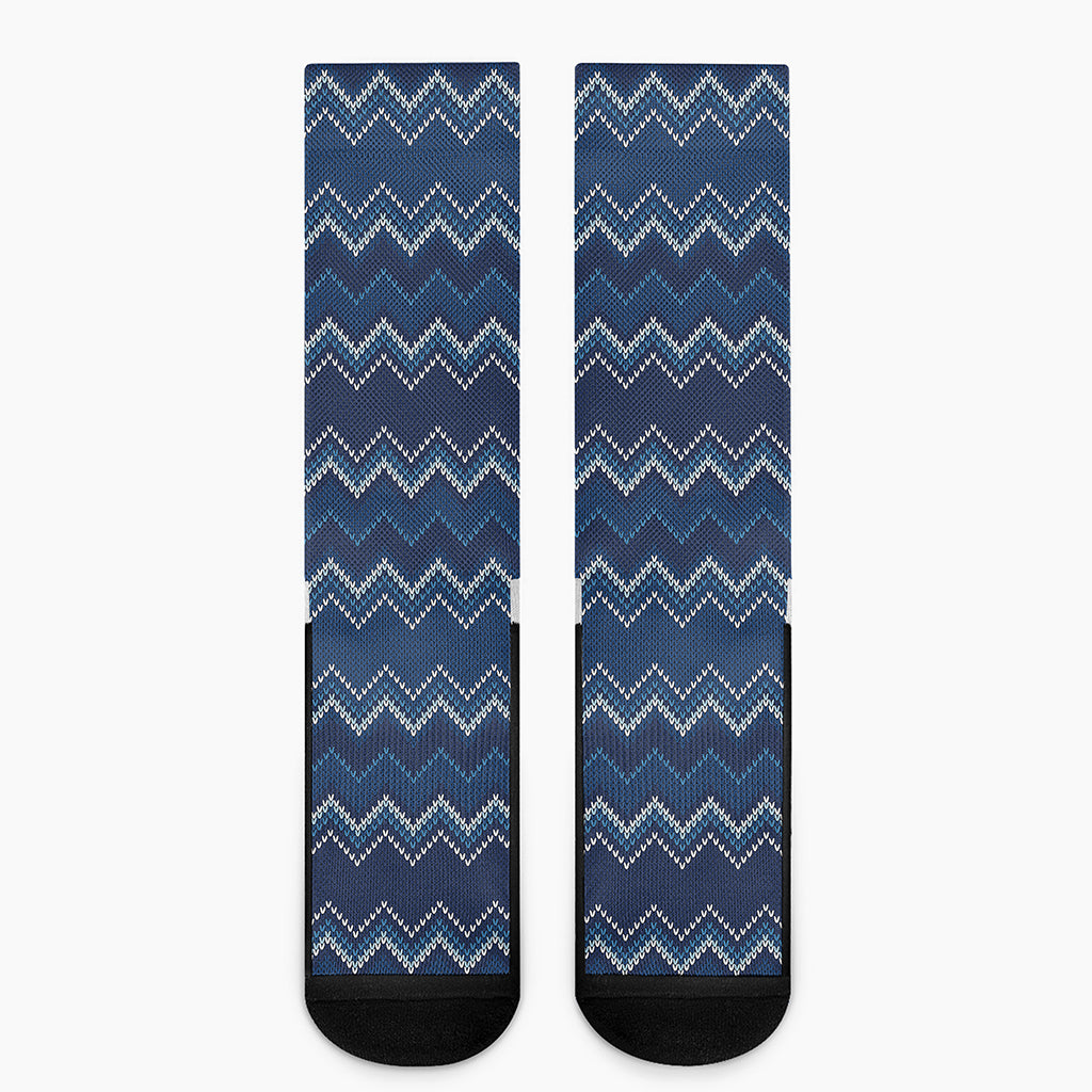 Blue Chevron Knitted Pattern Print Crew Socks