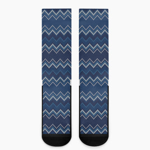 Blue Chevron Knitted Pattern Print Crew Socks