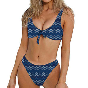 Blue Chevron Knitted Pattern Print Front Bow Tie Bikini