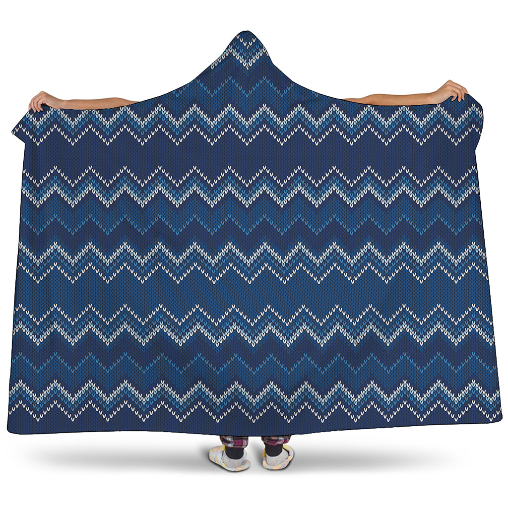 Blue Chevron Knitted Pattern Print Hooded Blanket